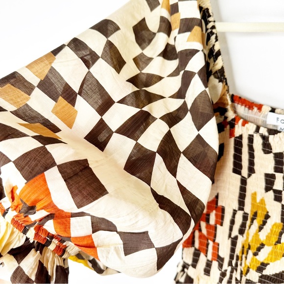 Fate Printed Pocketed Smocked Midi Dress Brown Multi Puffy Sleeves Square Neck M - Picture 16 of 16